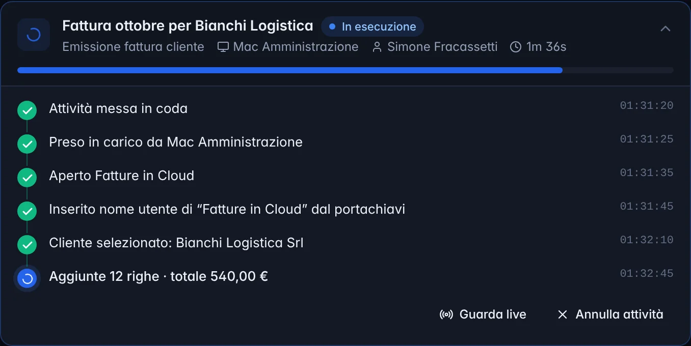 Card di un’attività in esecuzione con i passaggi