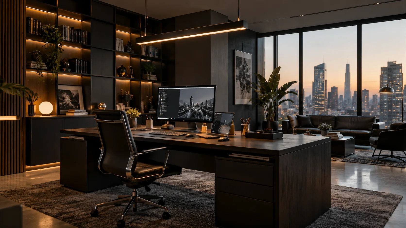 Ufficio direzionale al tramonto con una postazione di lavoro e lo skyline della città