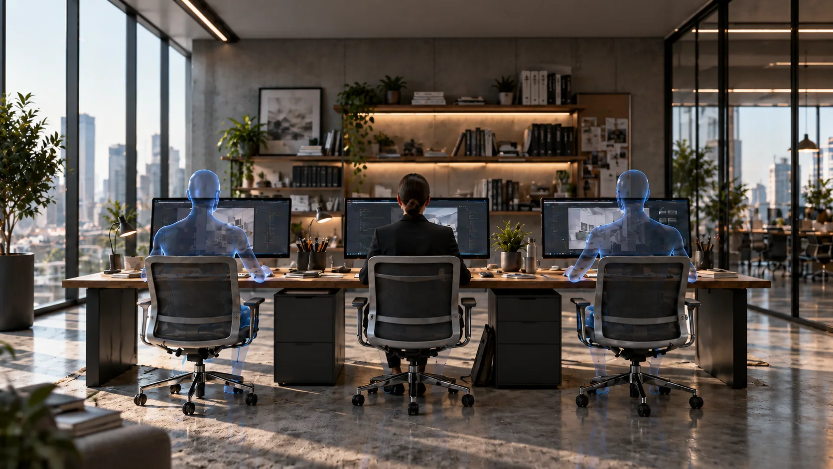 Ufficio con una collega al computer e due dipendenti AI alle postazioni accanto